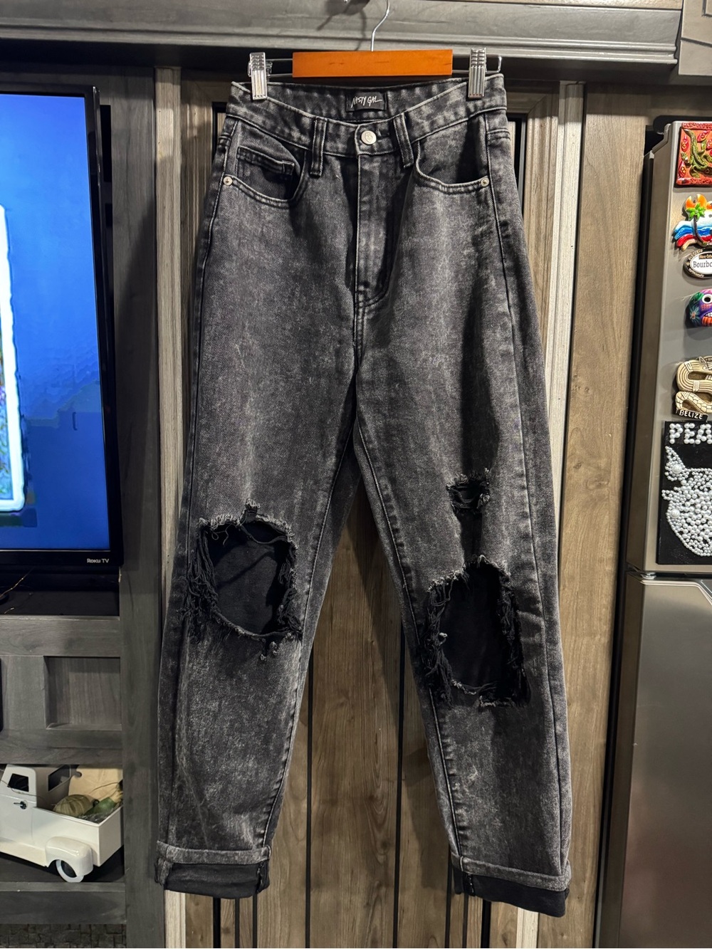 EUC Nasty Gal Washed Black High-Rise Distressed Knee Jeans